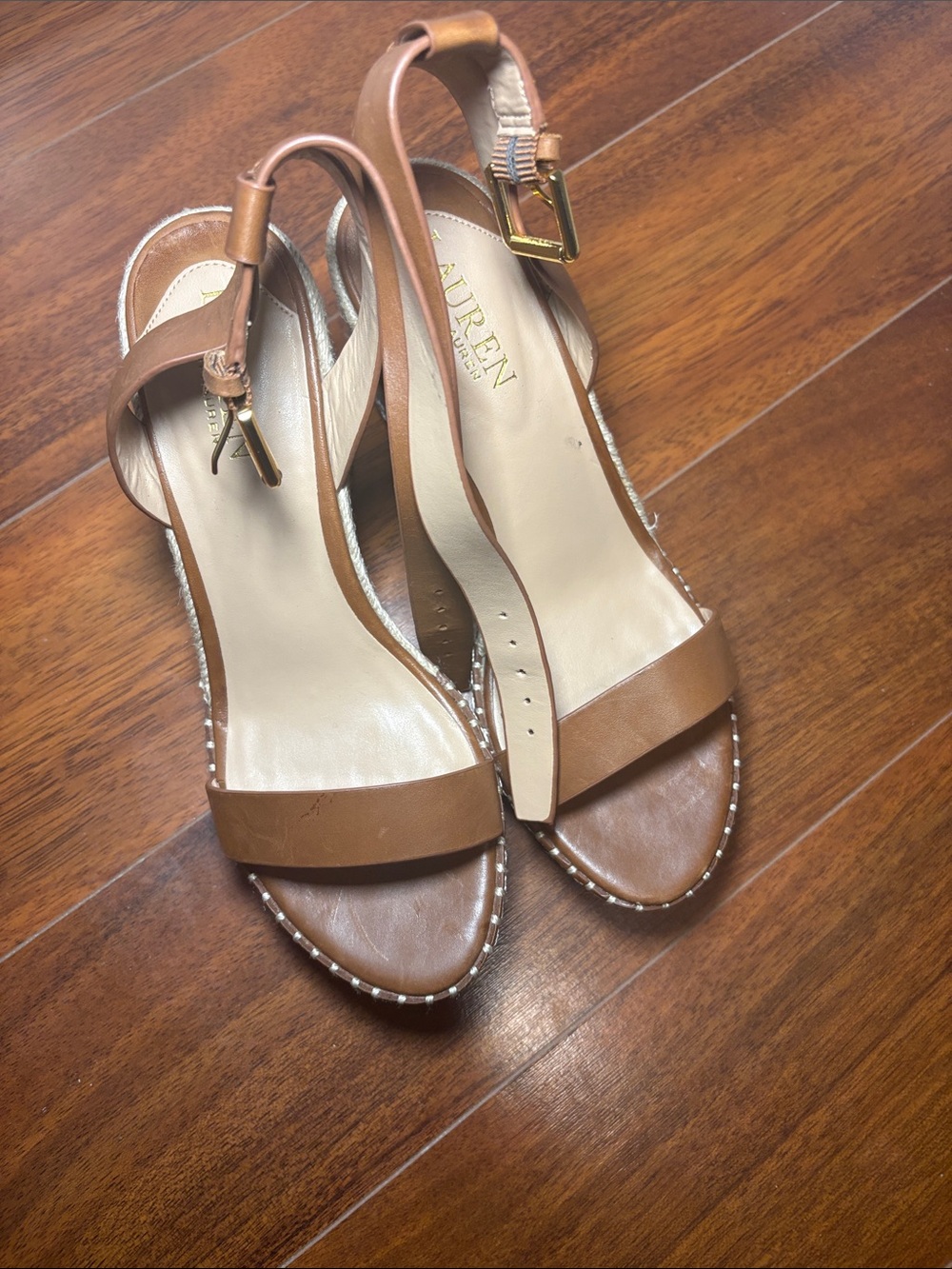 LAUREN Ralph Lauren Tan Leather Open-Toe Ankle-Strap Sandals